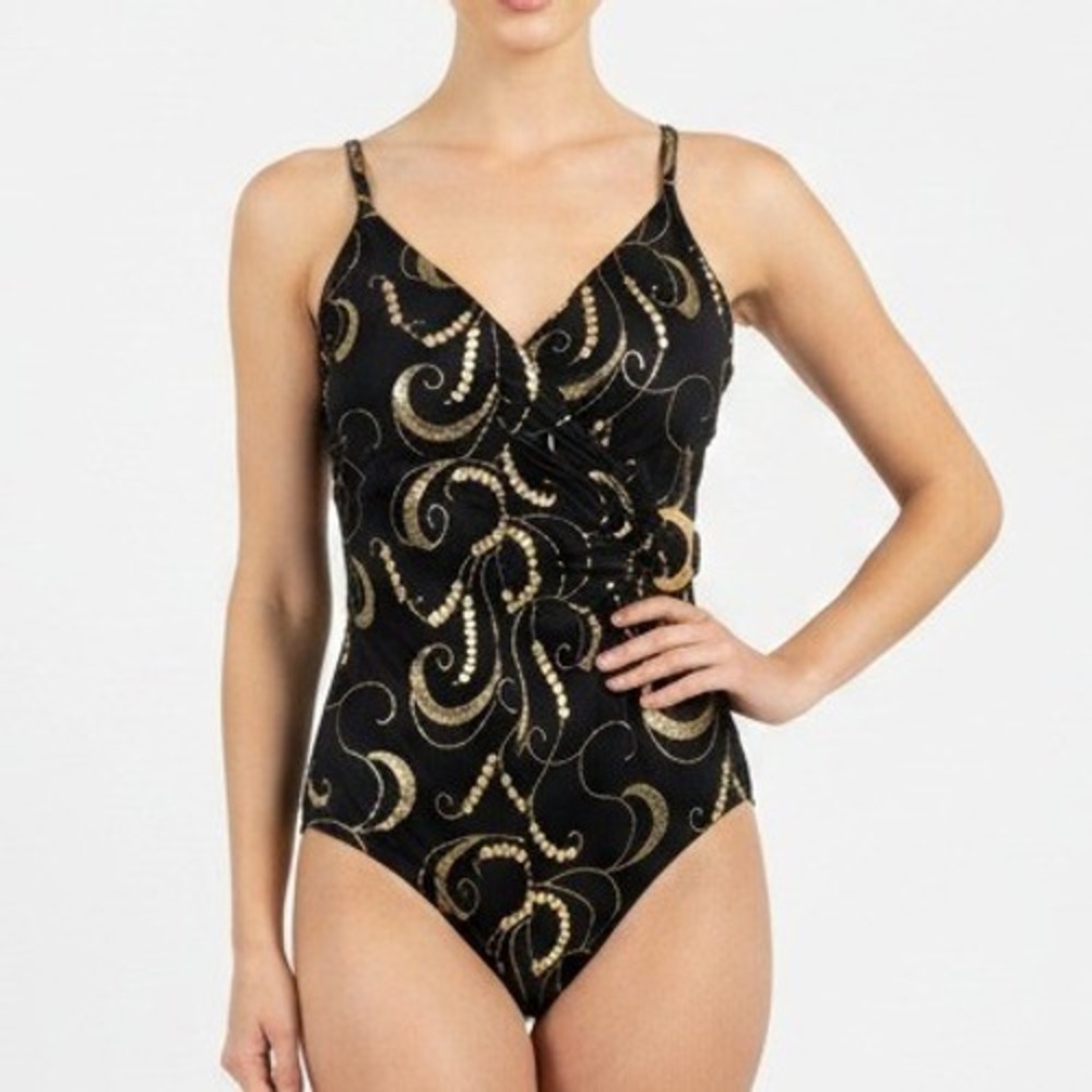 Shape FX Swim Black Gold Foil Scroll One Piece Swimsuit Tummy Control Size 10